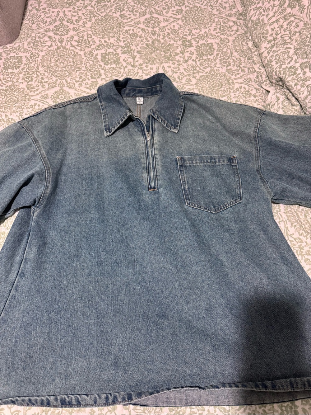Women's Light Blue Denim Long-Sleeve Dress with Zip Collar
